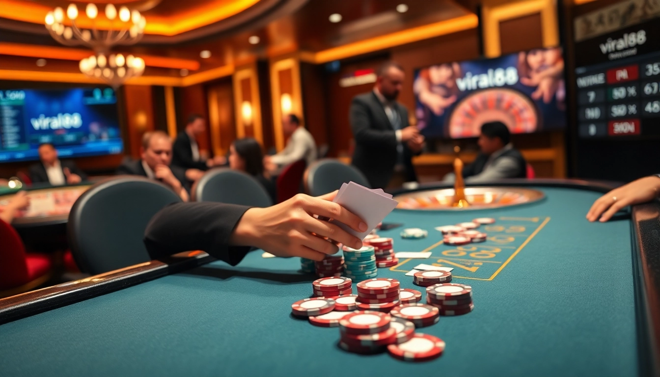 Engage with exciting gaming at viral88, featuring a luxurious poker setup with colorful chips.