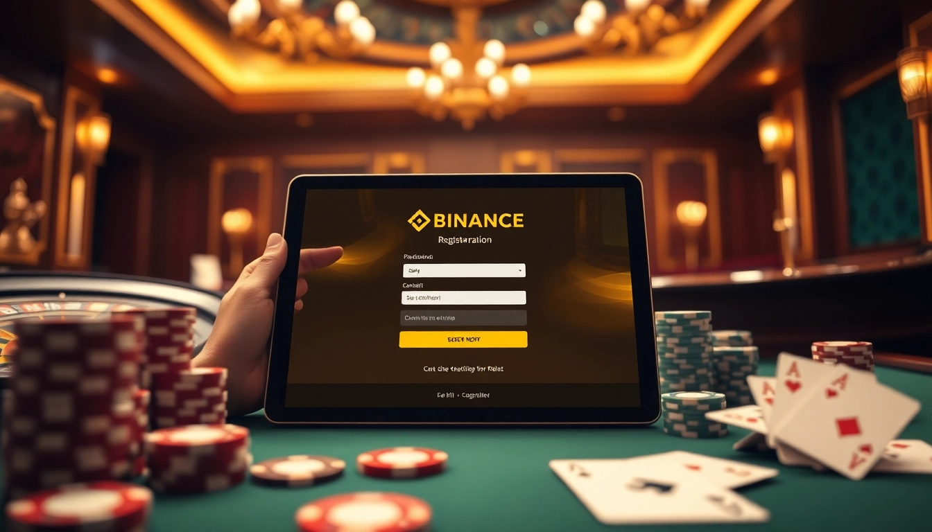 Registering at Binance 회원가입 while surrounded by casino elements like chips and cards.
