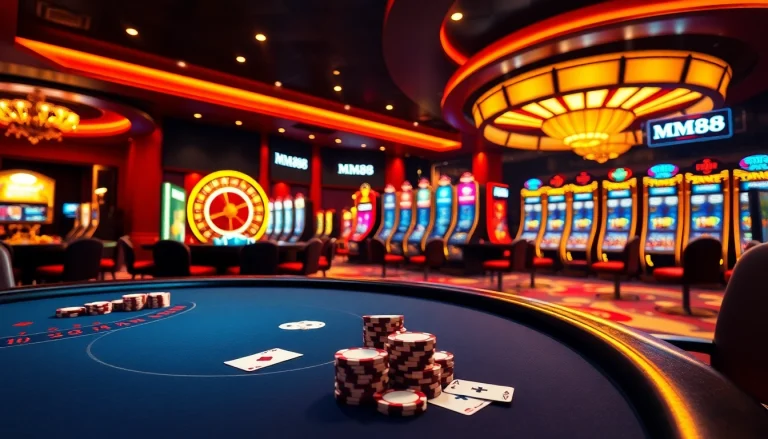 MM88 casino scene with elegant blackjack table, dynamic atmosphere, and shining slot machines.