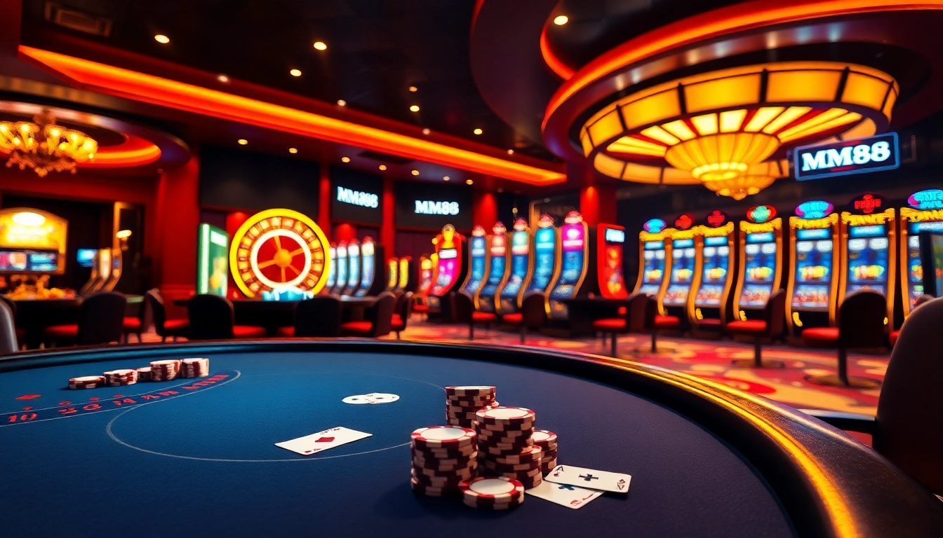 MM88 casino scene with elegant blackjack table, dynamic atmosphere, and shining slot machines.
