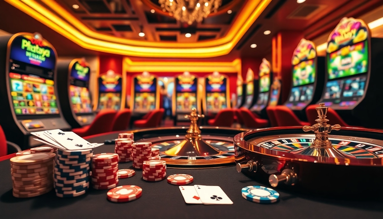 Experience the thrill of Phtaya online gaming with an elegant casino setup featuring cards, chips, and slot machines.