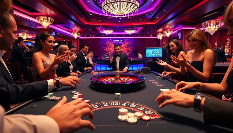 Kuwin players engaging in a thrilling game at a vibrant casino table.