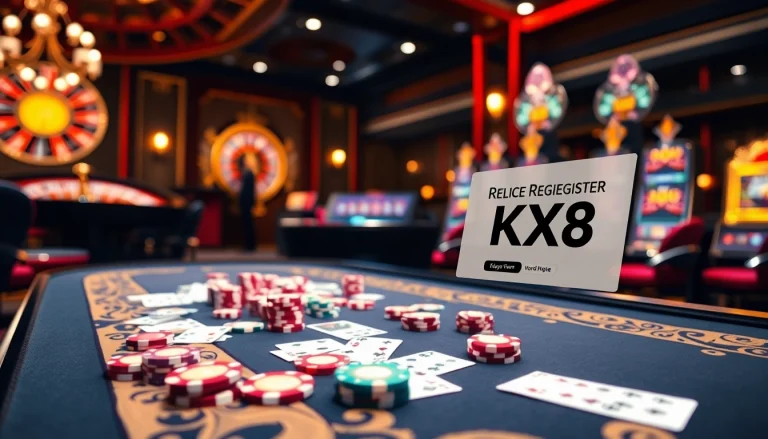 register KX8 on a luxurious casino table adorned with vibrant poker chips and cards.