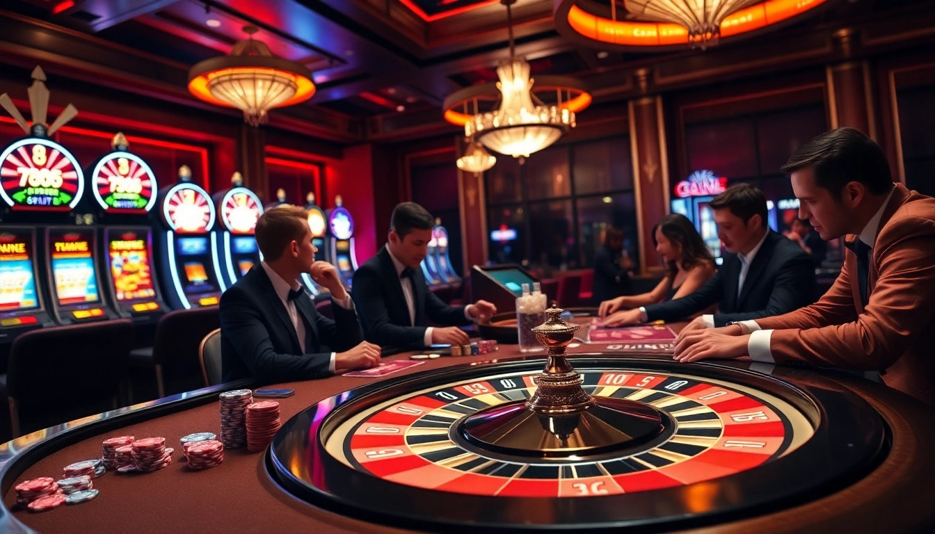 Engaging casino scene featuring BL555 high-stakes poker chips and a glamorous roulette wheel.