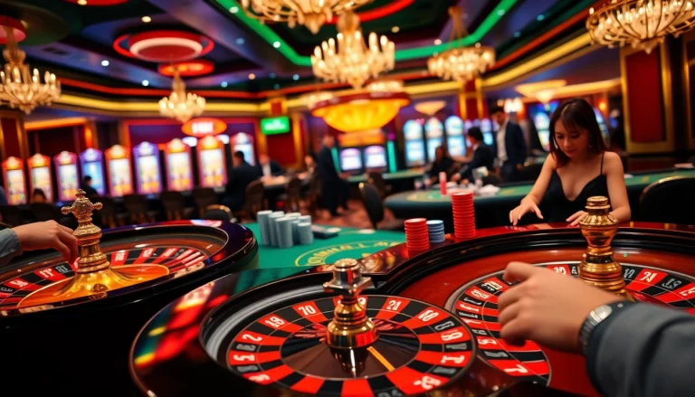 High-stakes gambling scene at a luxurious casino featuring 68win vip elements including poker chips and roulette.