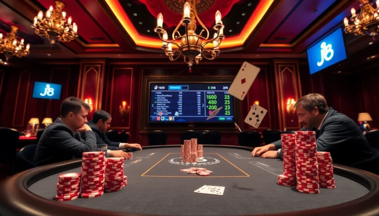 Experience high-stakes poker action at J8, featuring colorful chips and cards in an elegant casino setting.