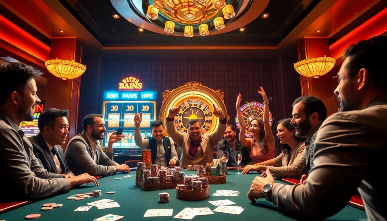 Experience the thrill of gambling at https://luckywin.name with players celebrating wins at a luxurious casino.