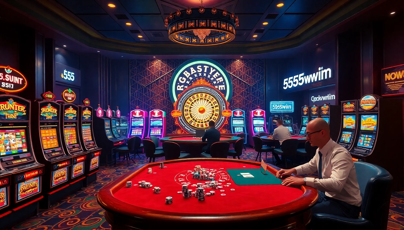 Experience the thrill of gambling with 555win's vibrant casino atmosphere featuring slot machines and poker tables.