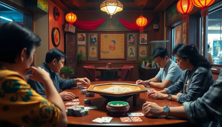 Xóc đĩa players intensely engaged in a vibrant cafe gambling scene.