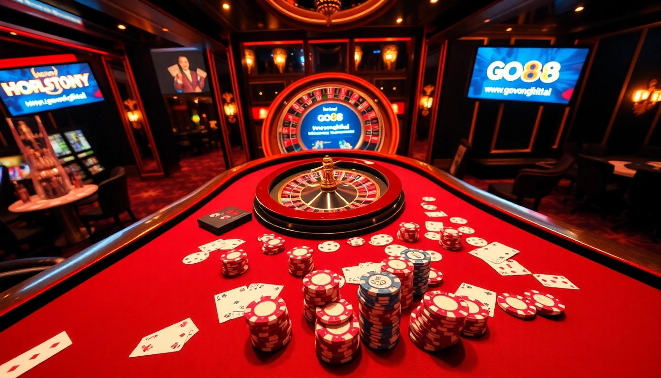 Engage in casino excitement at https://go88vn.digital/ with a high-stakes poker table and roulette wheel.