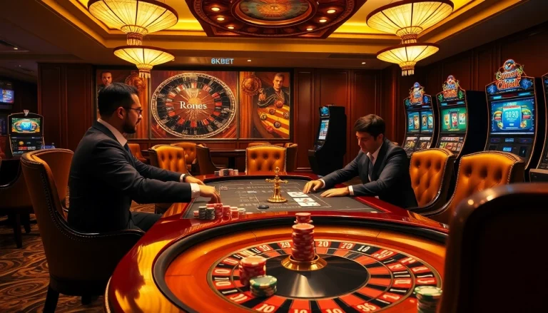 Experience thrilling gameplay at 8kbet with professionals engaging in poker at a luxurious casino table.