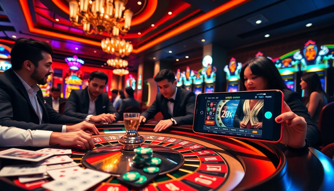 Players enjoying thrilling games at bk88 casino with vibrant roulette and slot machines.