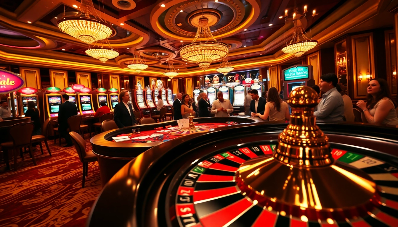 Experience the excitement of apiraja88 at a luxury casino with roulette and slot machines.