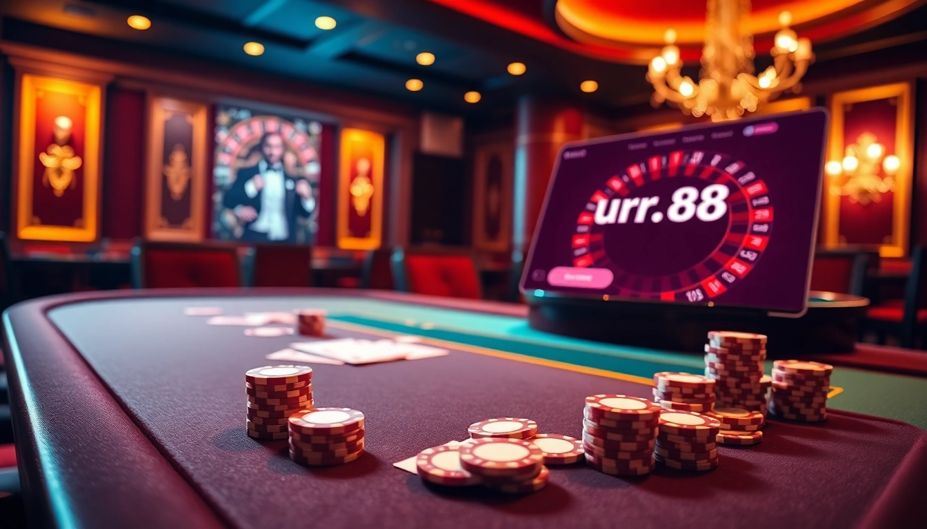 Betting action at https://urr88.com/ casino with poker chips and roulette wheel in a luxurious setting.