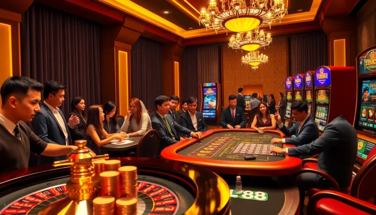Players enjoying thrilling FLY88 casino games around a luxurious roulette wheel and poker table.