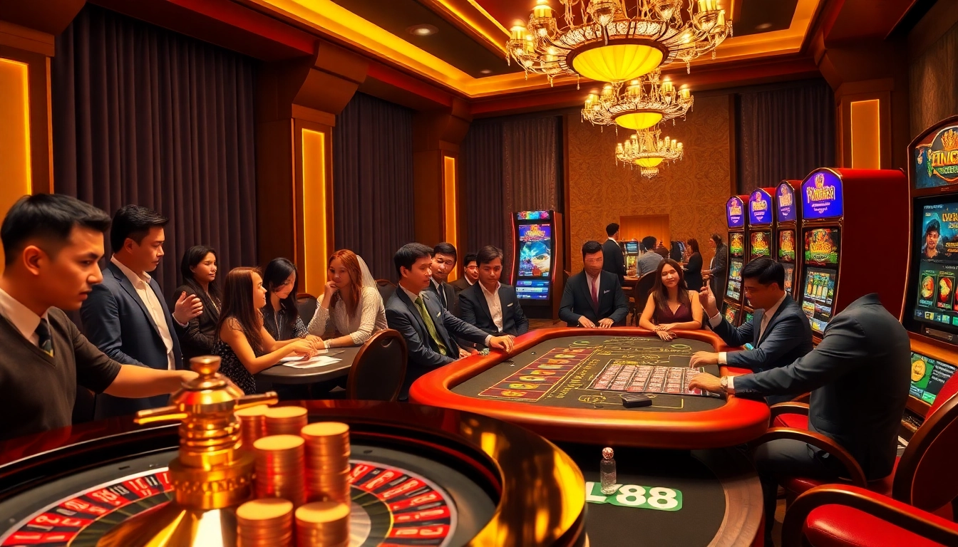 Players enjoying thrilling FLY88 casino games around a luxurious roulette wheel and poker table.