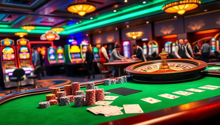 Experience thrilling gameplay with NOHU90 at a lively casino table filled with chips and cards.