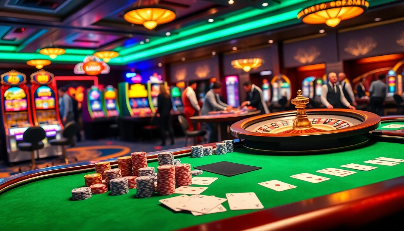 Experience thrilling gameplay with NOHU90 at a lively casino table filled with chips and cards.