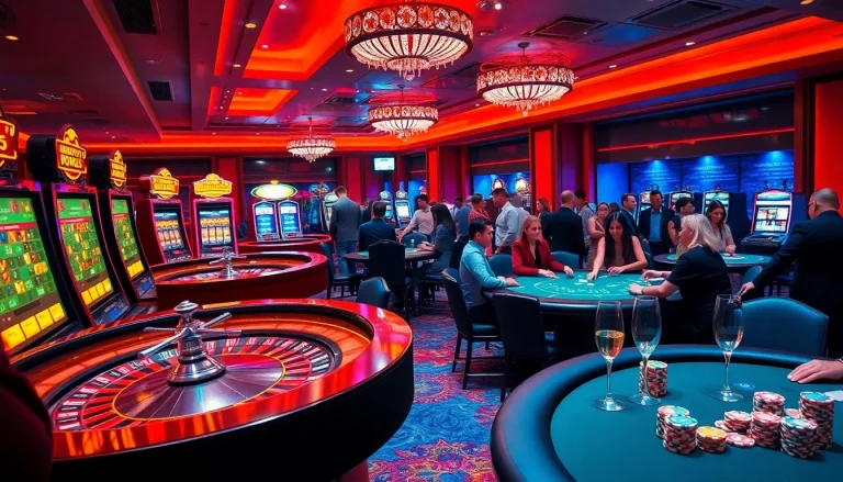 Exciting gambling scene featuring BL555 tables, slots, and poker for a vibrant casino experience.
