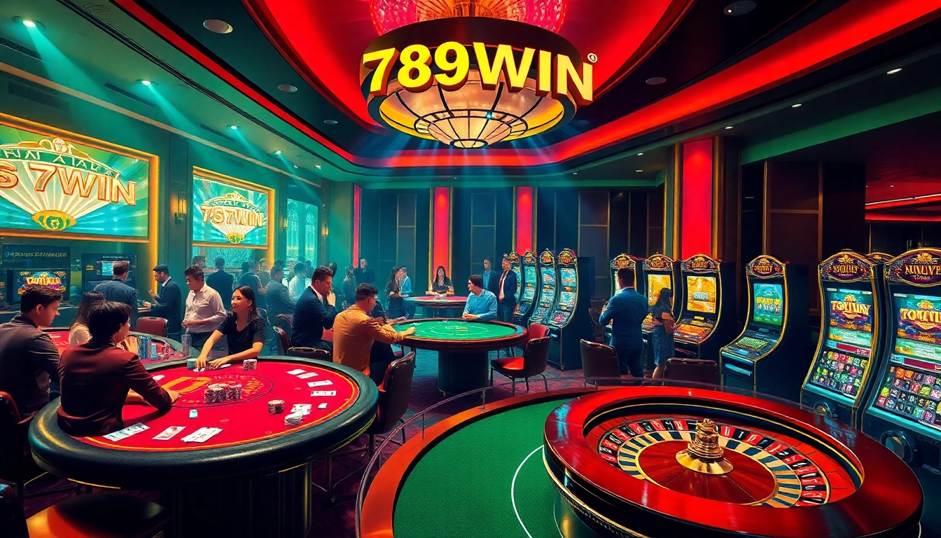 Experience the thrill of 789WIN with vibrant casino tables, slot machines, and engaged players in luxury.