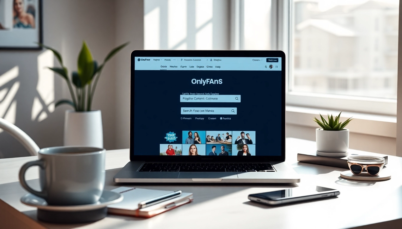OnlyFans Search engine interface displayed on a modern laptop in a bright, professional workspace.