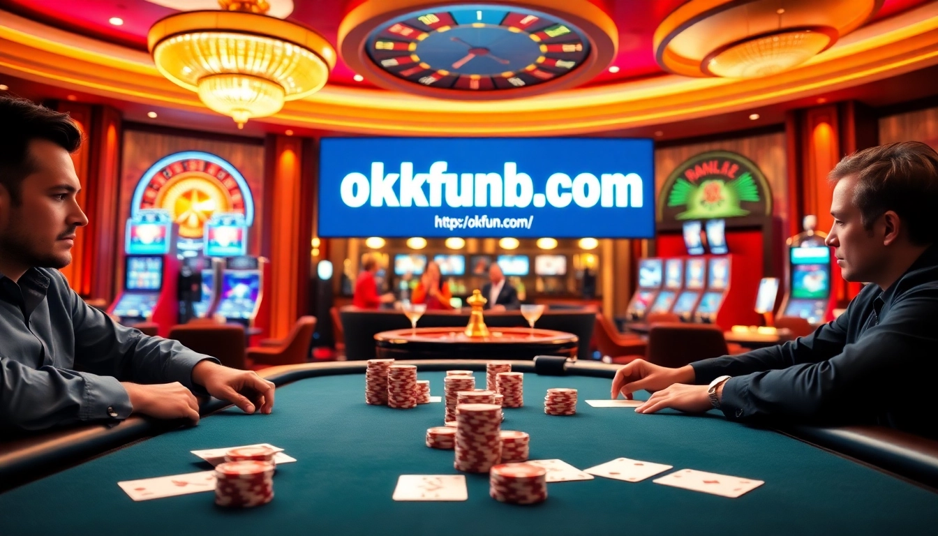 Experience thrilling gaming at https://okfunb.com/ with luxury casino elements like poker tables and roulette wheels.