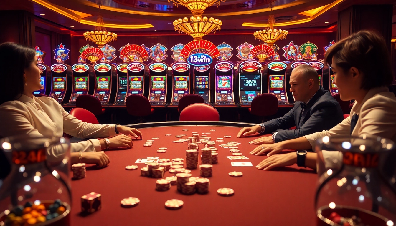 High-stakes players enjoying poker at a luxurious 13win casino table.