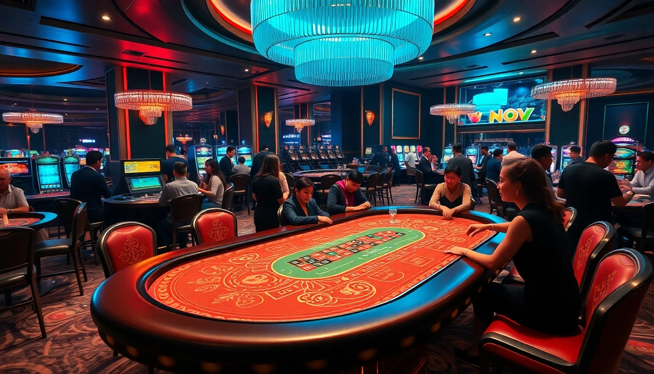 Nohu-themed poker table enhances excitement at a luxurious casino with vibrant games.