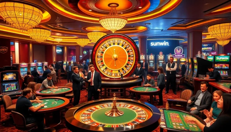 Players enjoying the sunwin casino experience with roulette, poker, and slot machines.