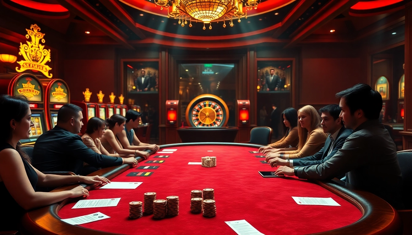 התלהבות מהימורים עם שחקנים סביב שולחן פוקר, שממחישה אווירה יוקרתית והימורים גבוהים.