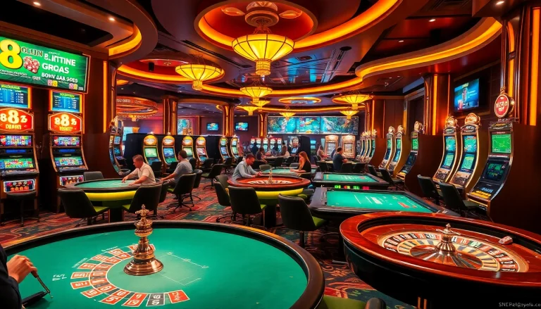 Experience the thrill of 8s in a luxurious casino setting featuring dynamic games and vibrant lights.