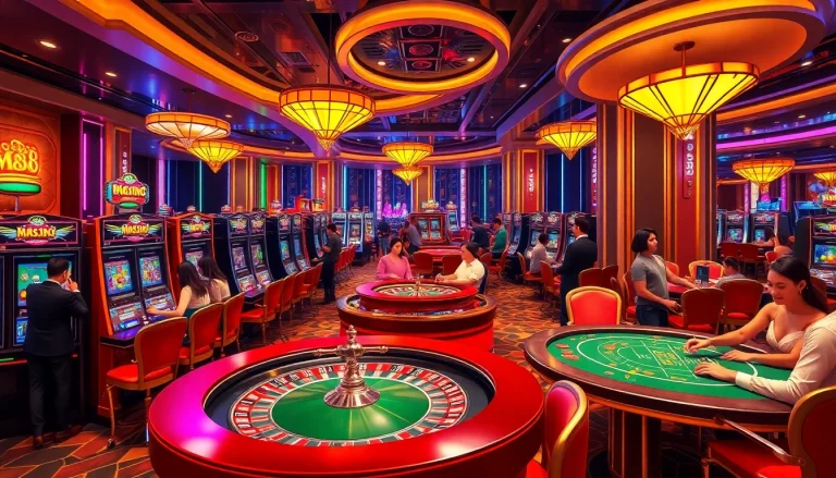 Players enjoy the excitement of casino games at m88, with vibrant slot machines and lively atmosphere.