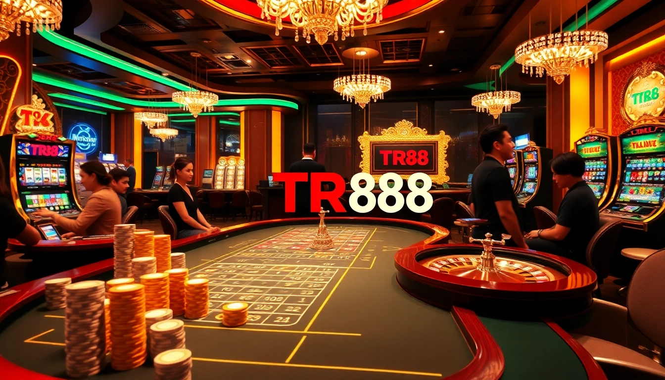 Experience thrilling gameplay at TR88 with luxurious casino elements, including poker tables and slot machines.