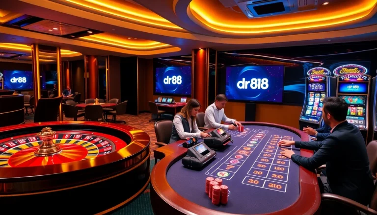 Players engaging in online gambling at dr88 with sophisticated casino tables and vibrant slot machines.