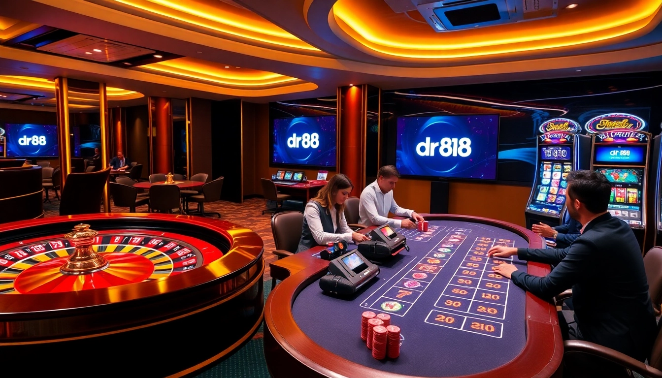 Players engaging in online gambling at dr88 with sophisticated casino tables and vibrant slot machines.