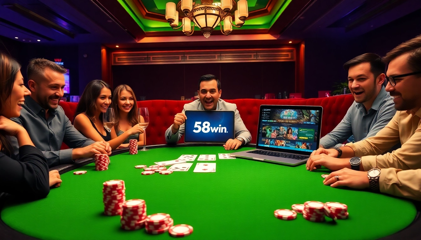 A thrilling poker game at 58win with focused players, vibrant chips, and excitement in the air.