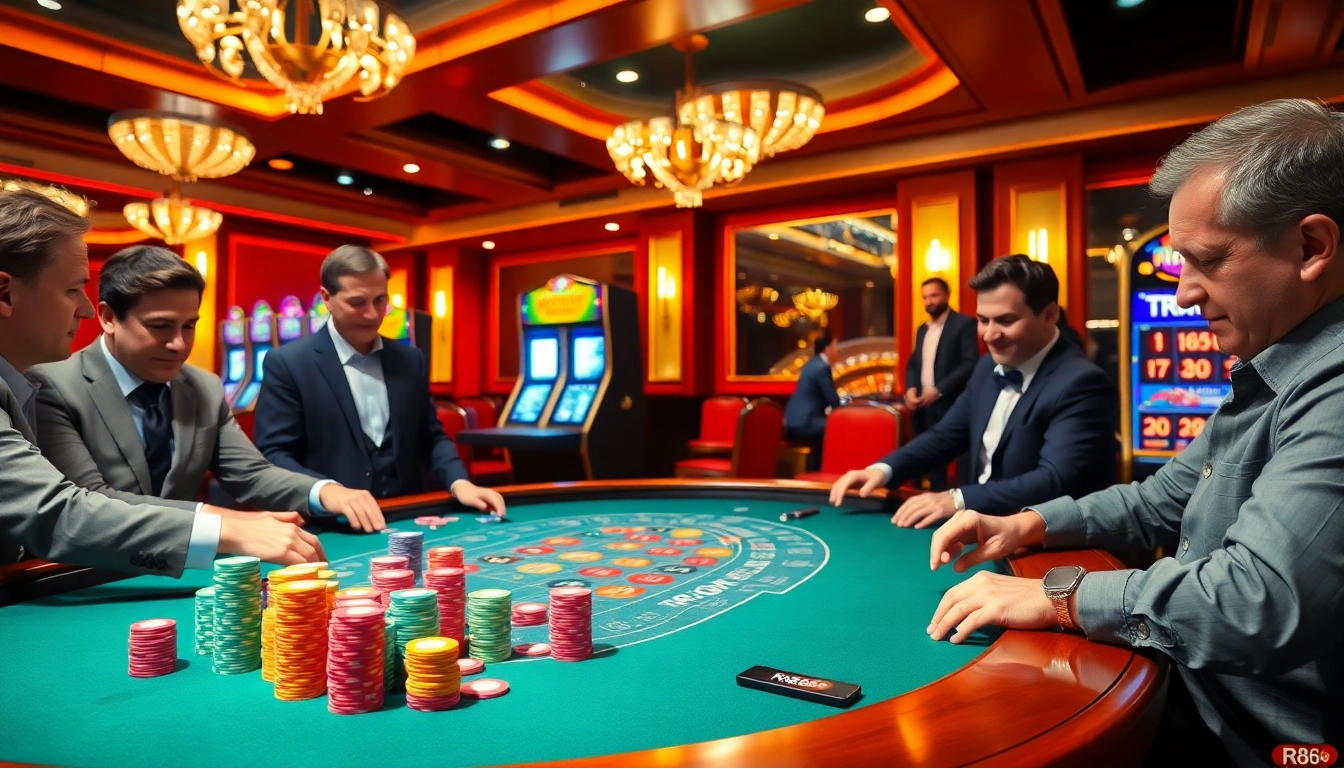 Players engaging in intense poker action at a luxurious casino table linked to https://rr88co.net/ for thrilling betting.