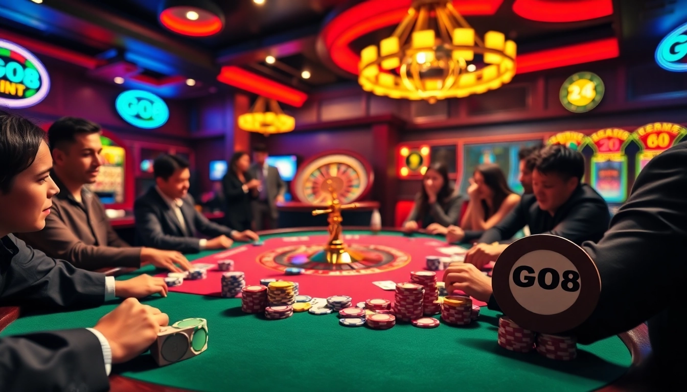Players engaged in a thrilling poker game at a GO8 casino table surrounded by dynamic casino elements.