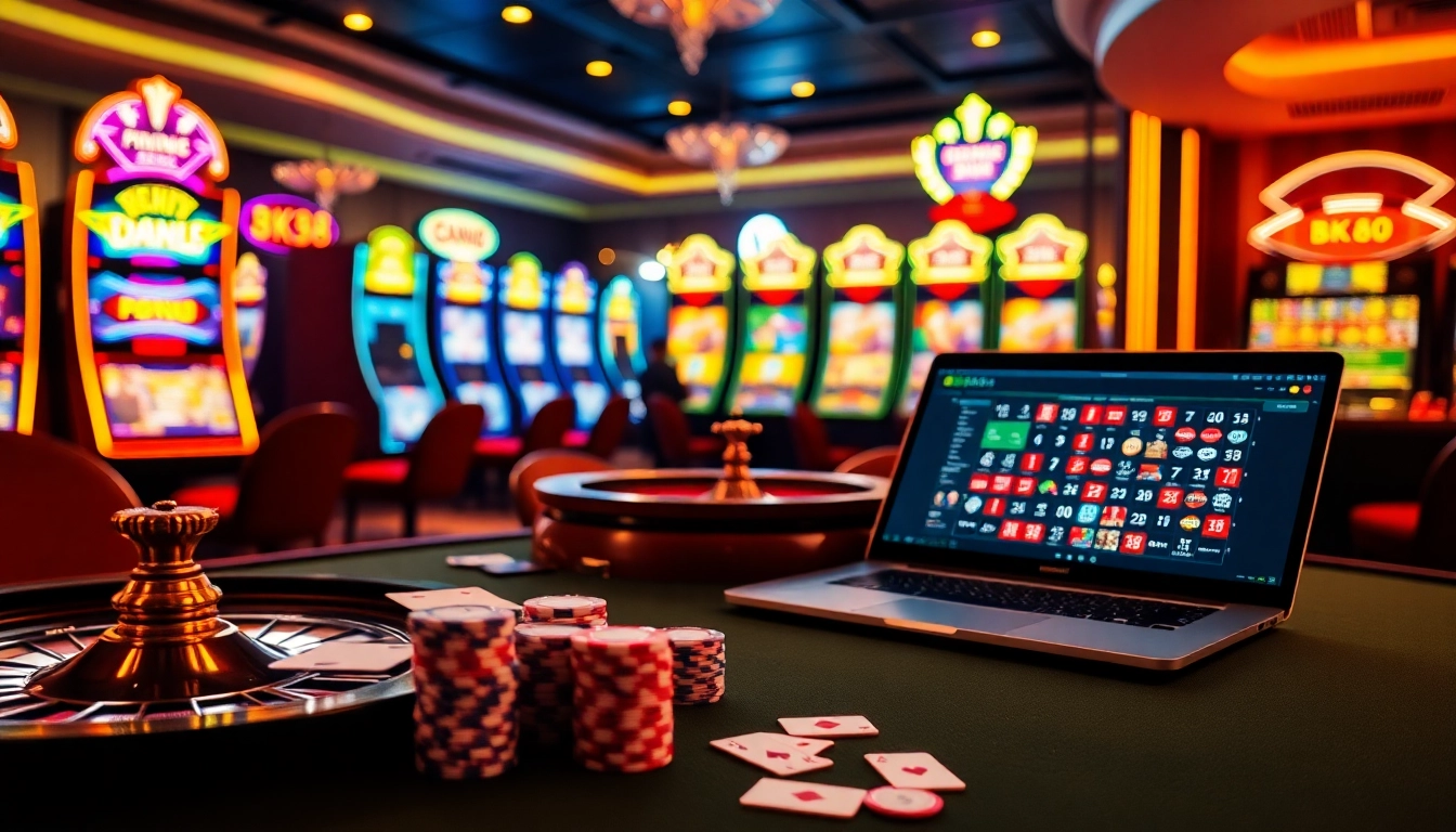 Experience the thrill of gambling at BK8's luxurious casino with poker chips and roulette.