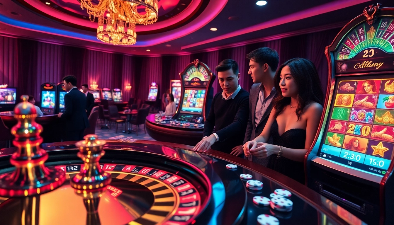 A dynamic casino scene highlighting online gambling at http://8kbet.ink/ featuring roulette, poker chips, and excited players.