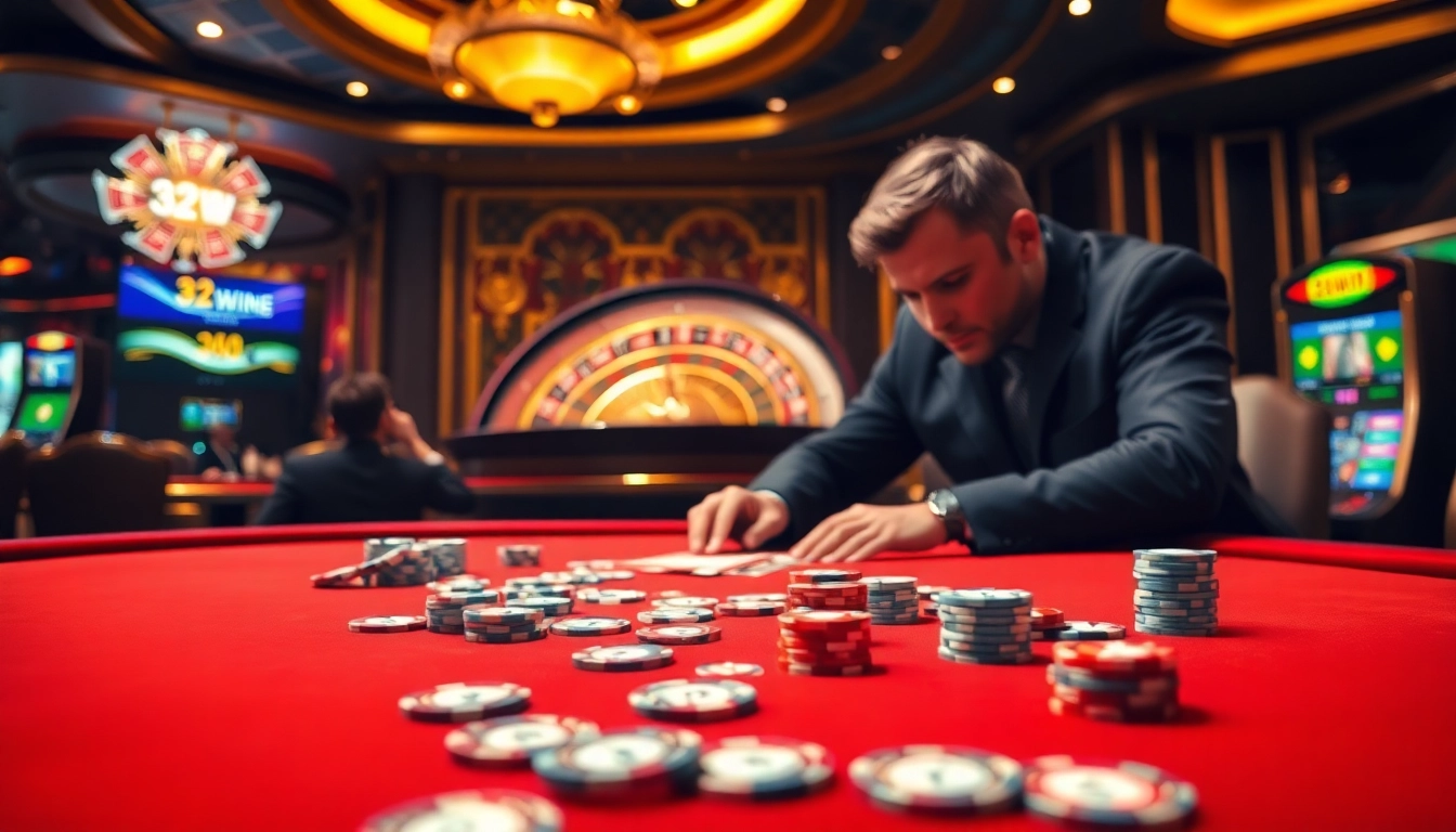 Experience the thrill of the 32WIN Game with vibrant casino visuals featuring poker chips and cards.