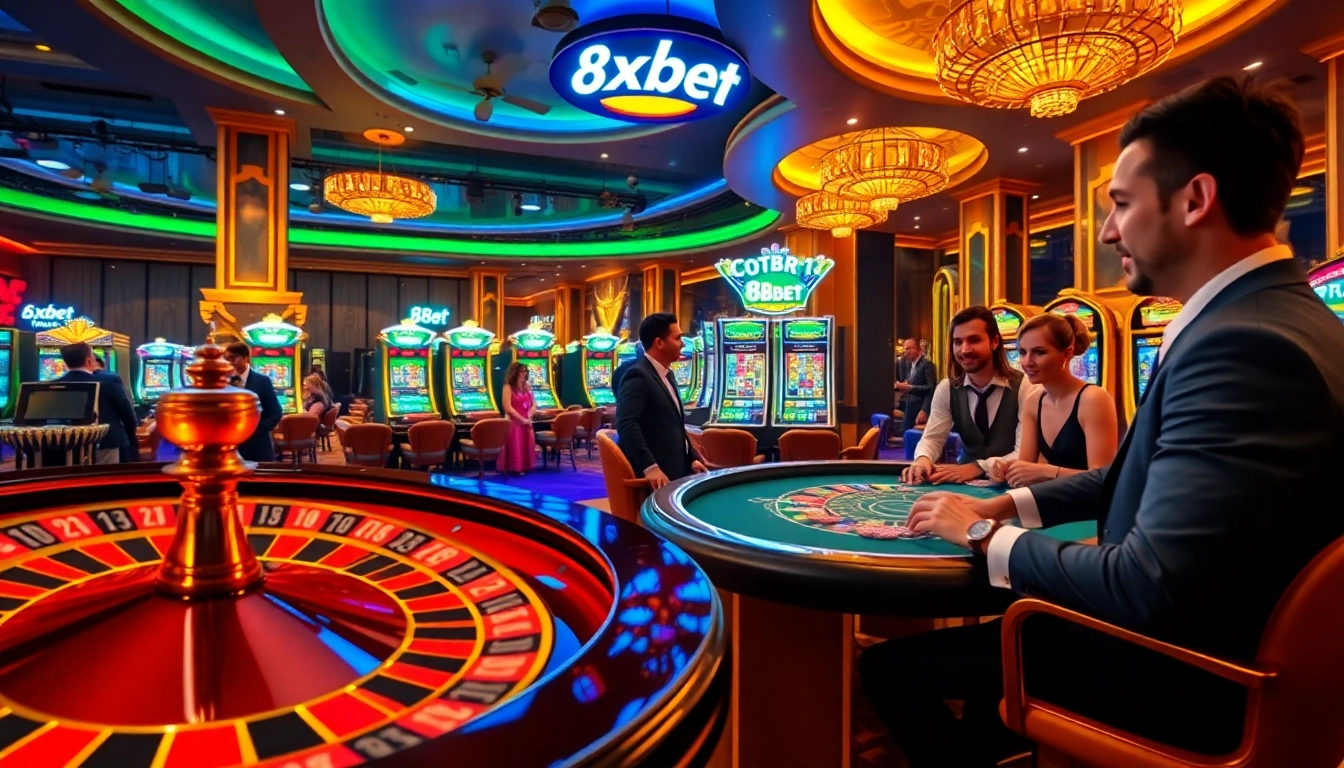 Players enjoying exciting casino games at 8xbet, showcasing vibrant slot machines and a roulette wheel.