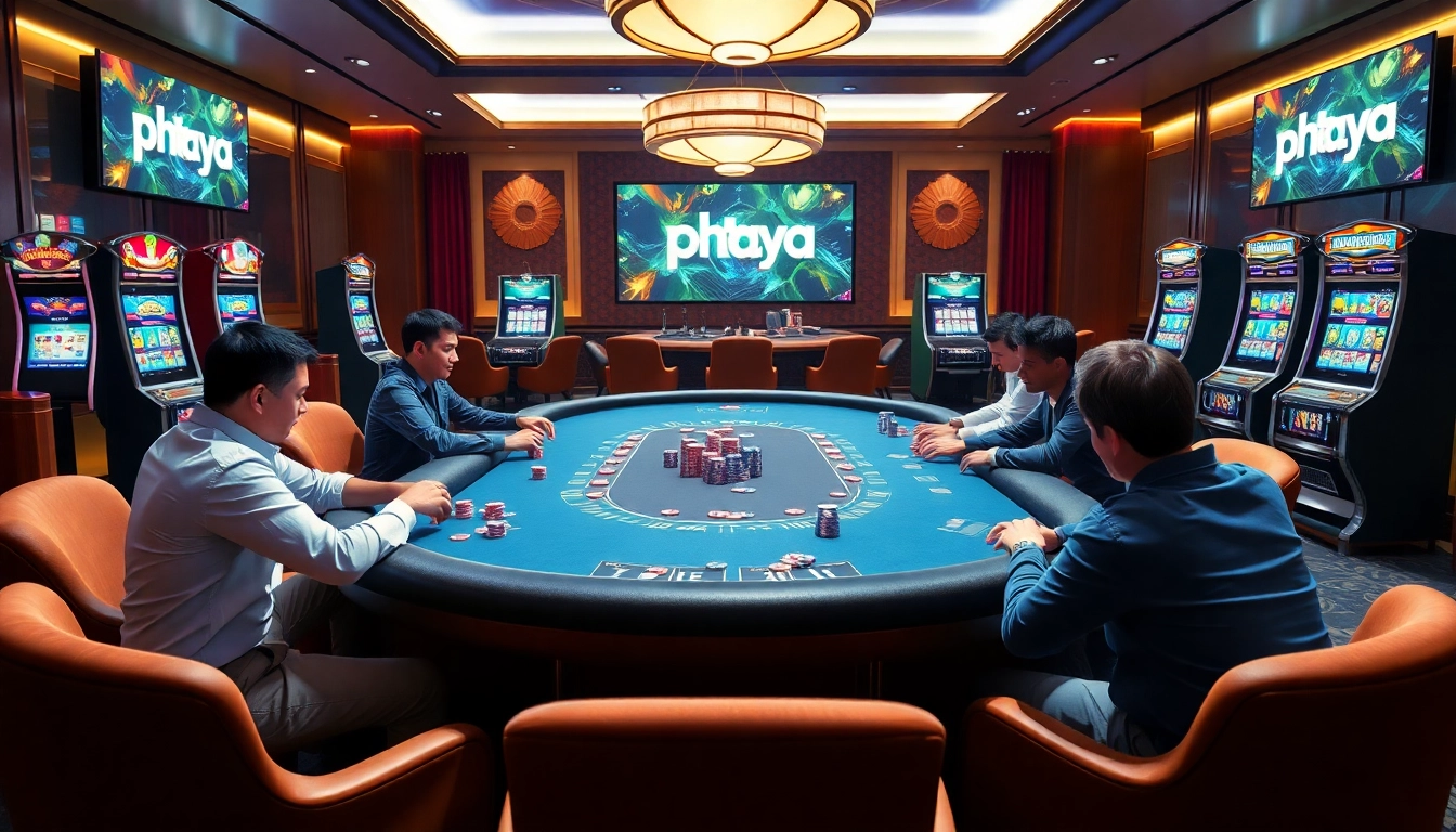 PHTAYA casino scene with players enjoying poker, bright slot machines, and digital interfaces.