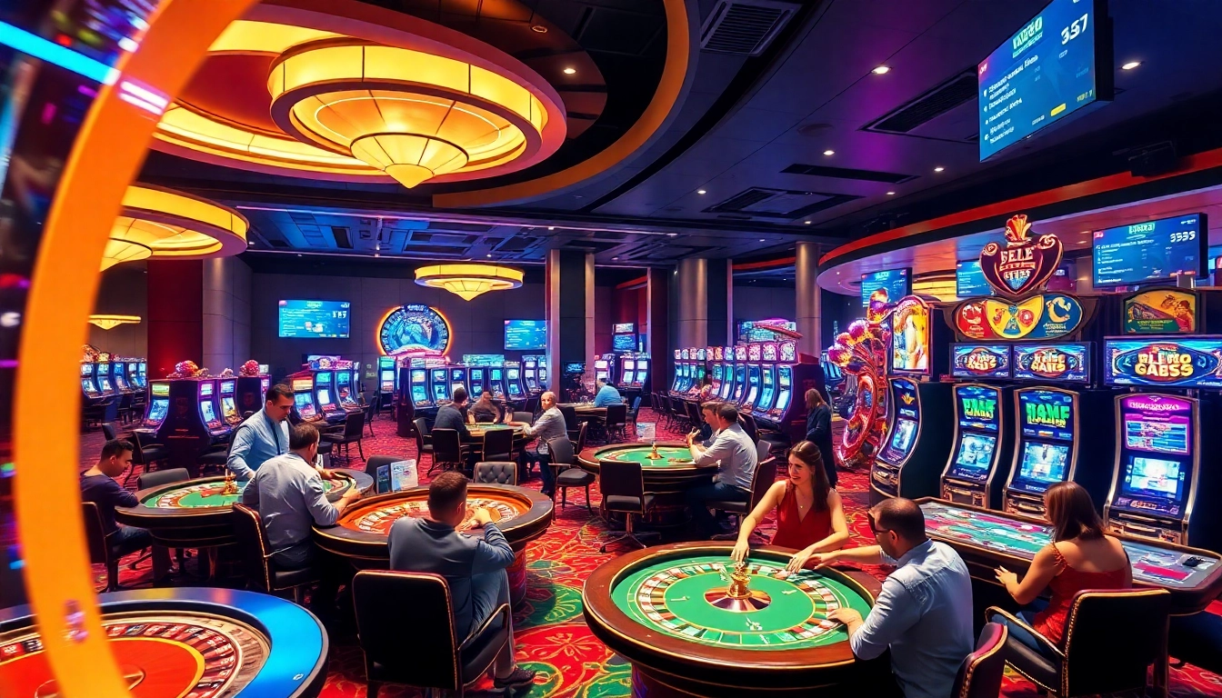 Engaging players enjoying various games at https://okfunb.com/ casino with vibrant lights and modern tables.