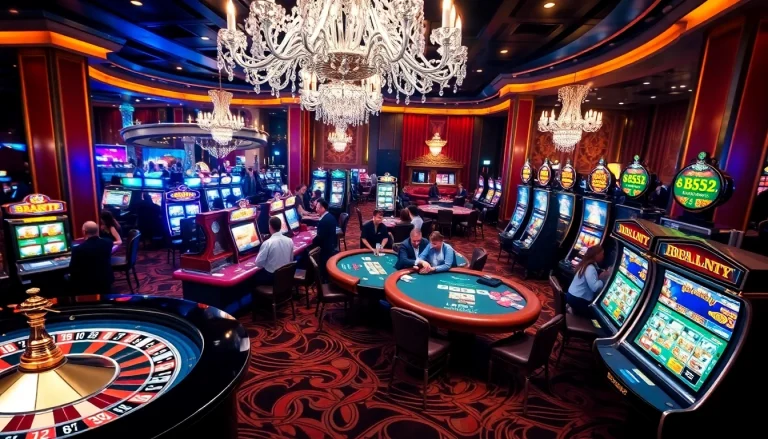 Players enjoying a thrilling game at the B52 casino, surrounded by vibrant slot machines.