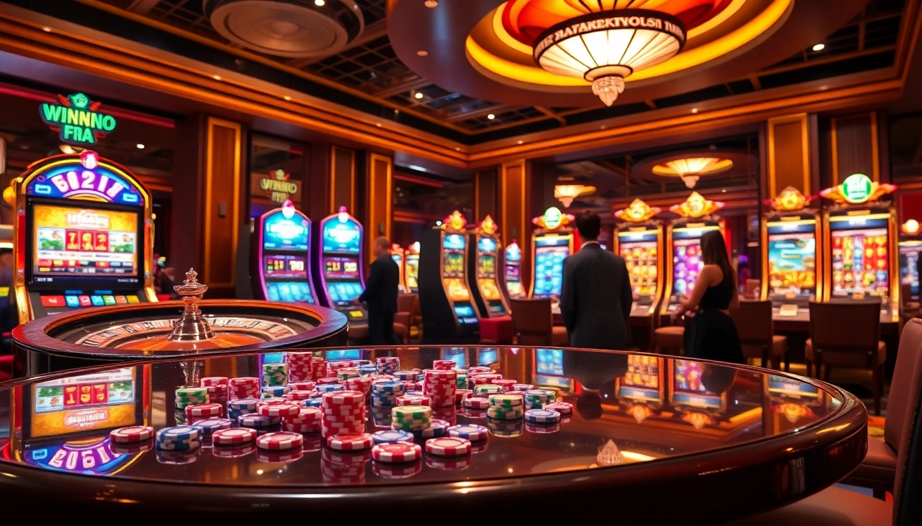 Nổ hũ excitement at a luxury casino featuring slot machines and roulette.