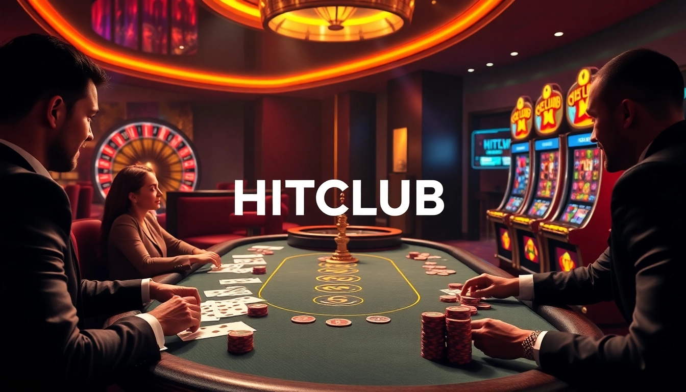 Players enjoying an exciting poker game at HITCLUB casino with vibrant lights and roulette wheel.