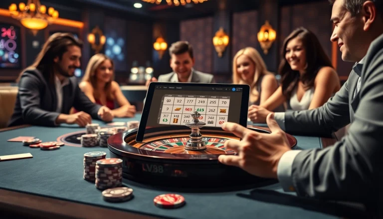 Exciting gameplay at LV88 casino with vibrant poker chips and roulette wheel.