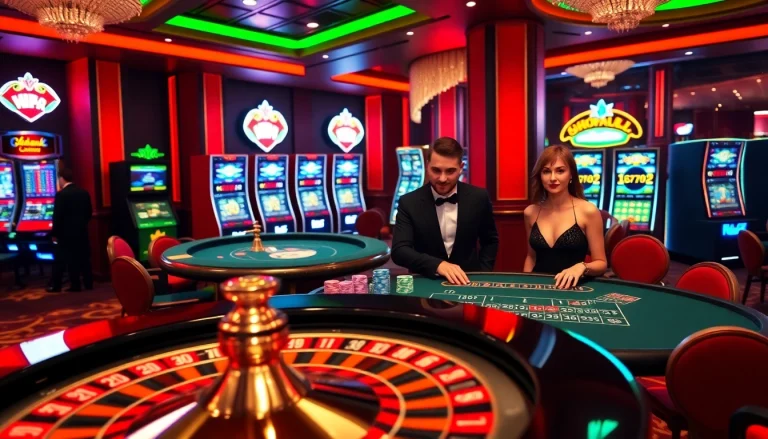 Engaging players enjoy ONBET's roulette and blackjack experiences in a vibrant casino atmosphere.