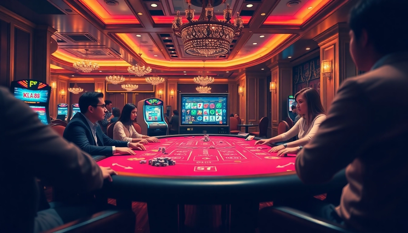 Engage in the lively kp88 bet action at a luxurious online casino, featuring poker, vibrant games, and colorful chips.
